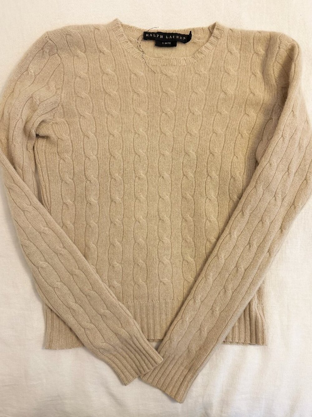 Ralph Lauren Cashmere Cableknit Crewneck Sweater - Small Slim Tan/Cream